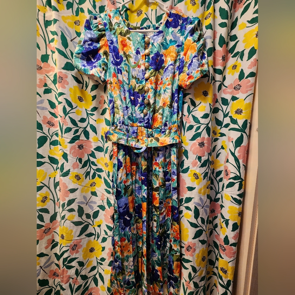 Vintage 80s Maggy Boutique Floral Multicolor Belted Dress